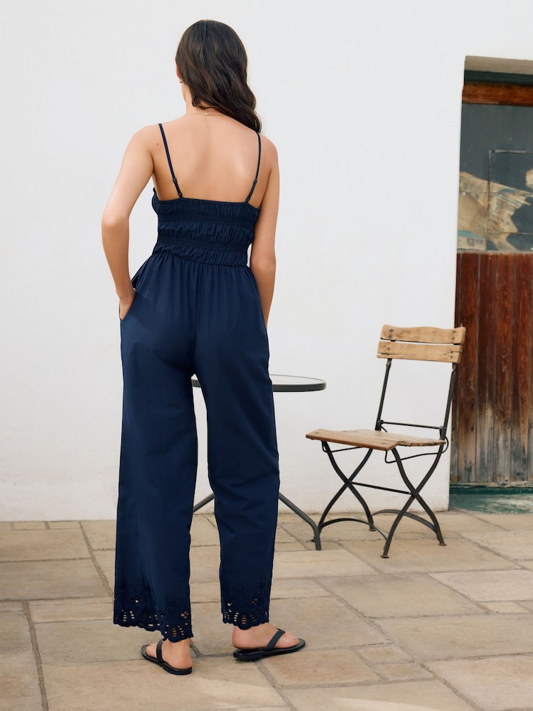 Buy Navy Shirred Wide Leg 100% Cotton Jumpsuit from the Next UK