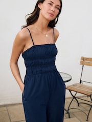 Navy Shirred Wide Leg 100% Cotton Jumpsuit - Image 5 of 9