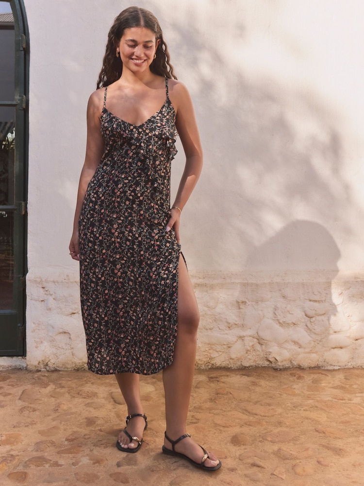 Black/Pink Ruffle Midi Slip Summer Dress - Image 1 of 8