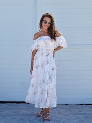 White Ground Puff Sleeve Midi Dress - Image 1 of 10