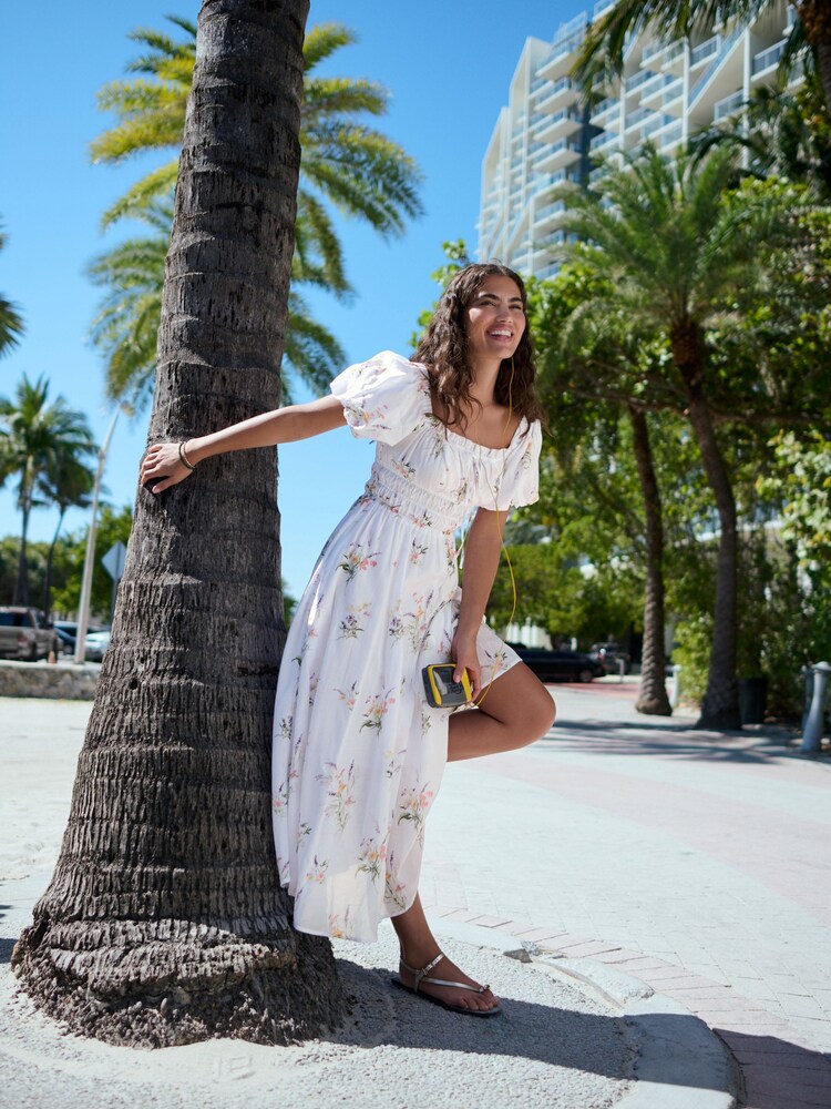 White Ground Puff Sleeve Midi Dress - Image 2 of 10