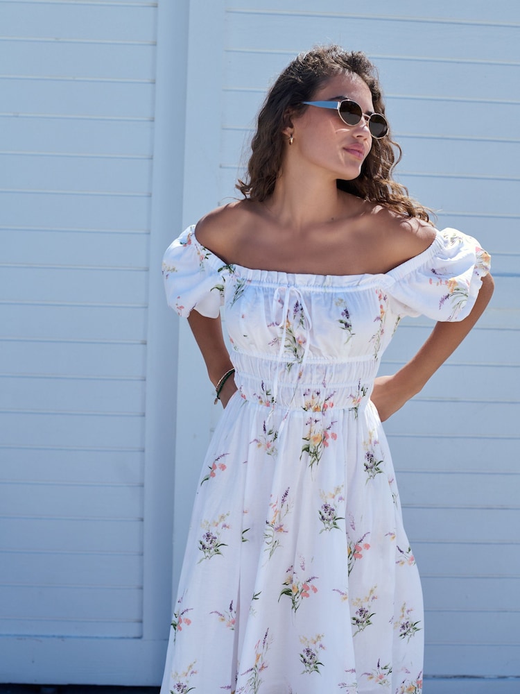White Ground Puff Sleeve Midi Dress - Image 4 of 10