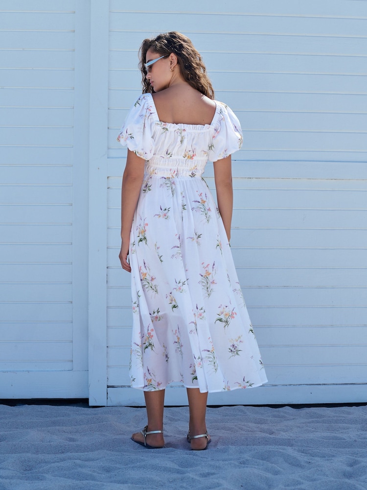 White Ground Puff Sleeve Midi Dress - Image 5 of 10