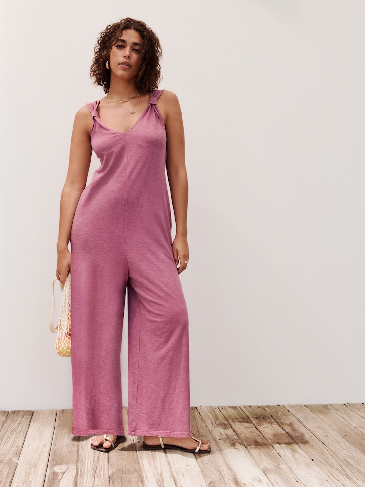 Plum Purple Jersey Wide Leg V-Neck Jumpsuit - Image 1 of 8 Plum Purple Jersey Wide Leg V-Neck Jumpsuit - Image 1 of 8