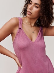 Roxo de ameixa - Macacão de malha com perna larga e V-Neck - Imagem 5 de 8