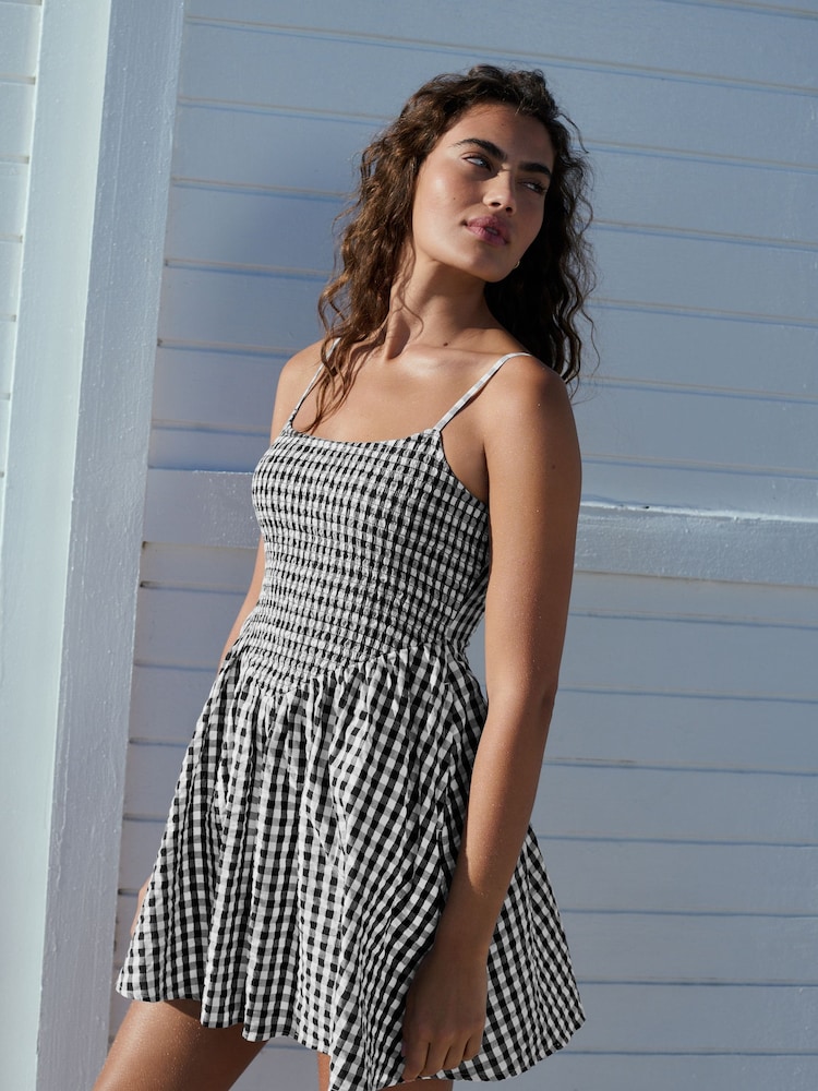 Black/White 100% Cotton Textured Gingham Skort Playsuit - Image 1 of 11
