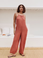 Rose Pink 100% Linen Wide Leg Romper - Image 1 of 7