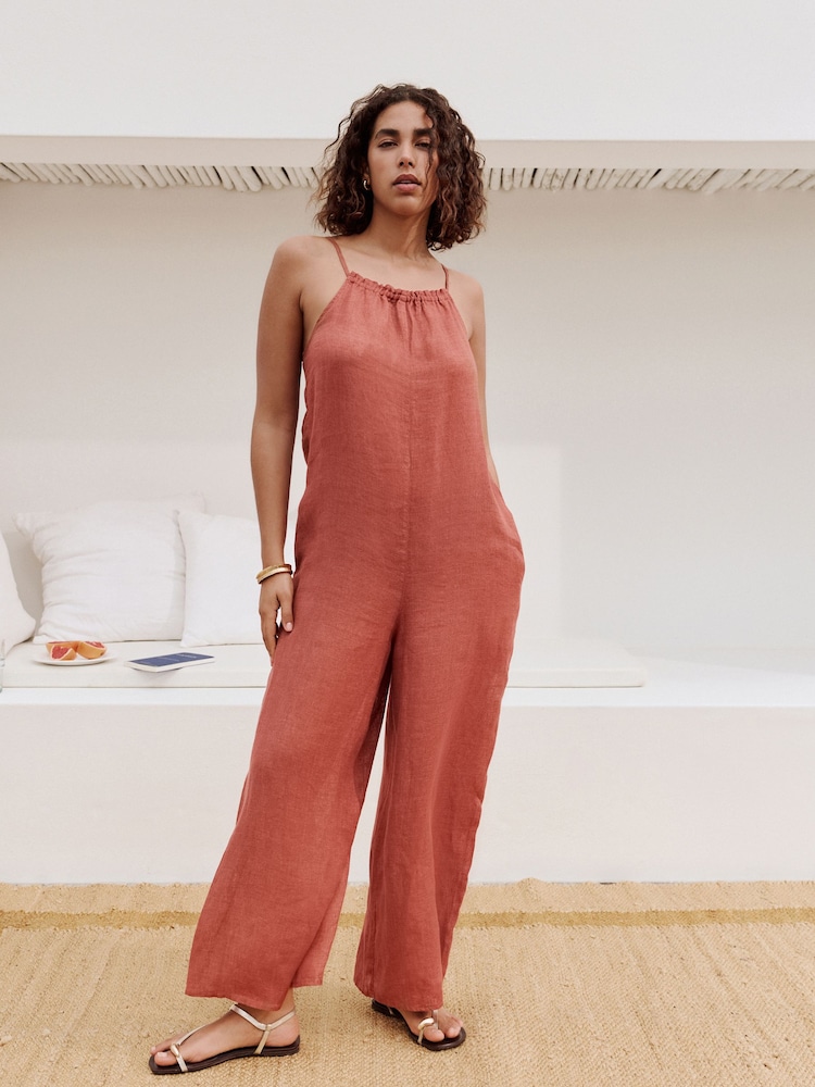 Rose Pink 100% Linen Wide Leg Romper - Image 1 of 7