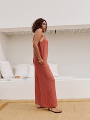 Rose Pink 100% Linen Wide Leg Romper - Image 2 of 7