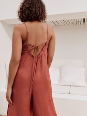 Rose Pink 100% Linen Wide Leg Romper - Image 3 of 7