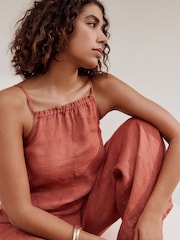 Rose Pink 100% Linen Wide Leg Romper - Image 4 of 7