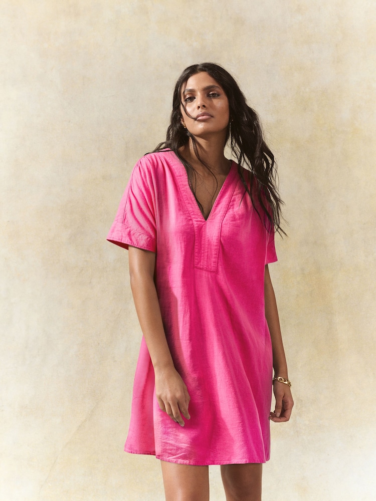Bright Pink Kaftan Mini Dress with Linen - Image 1 of 6