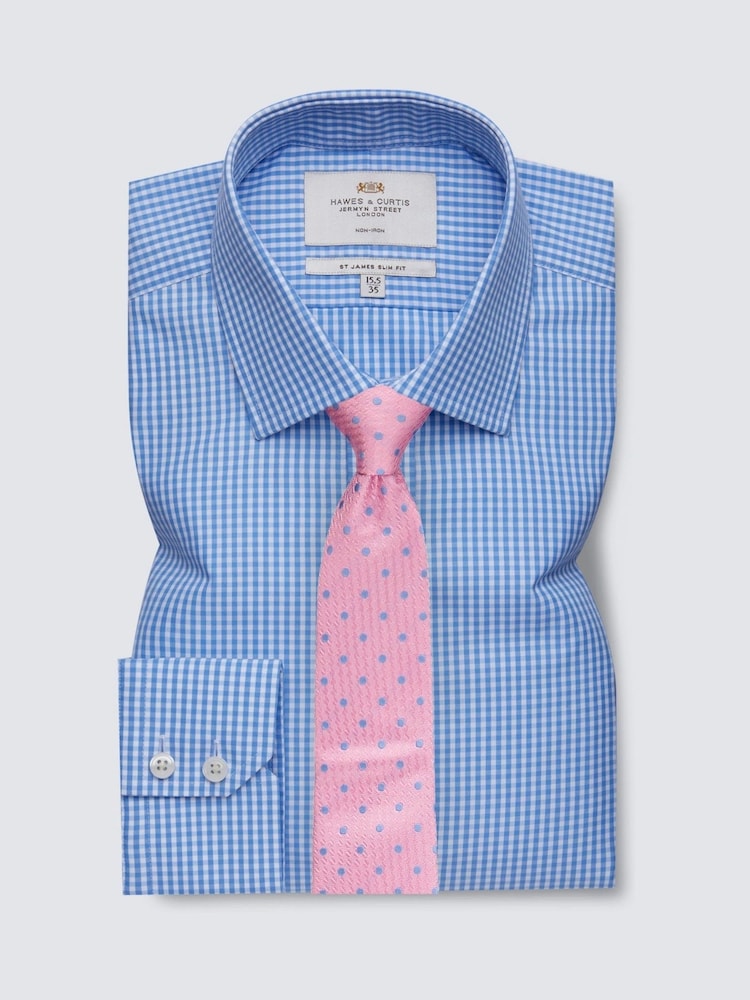 Hawes & Curtis Slim Blue Non-Iron Gingham Check 100% Cotton Shirt - Image 1 of 2