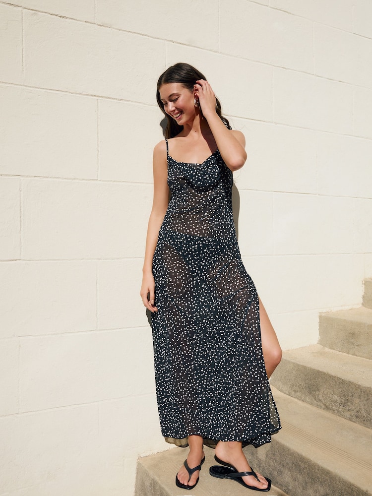 Black/White Cowl Neck Sheer Slip Dress - Image 1 of 10
