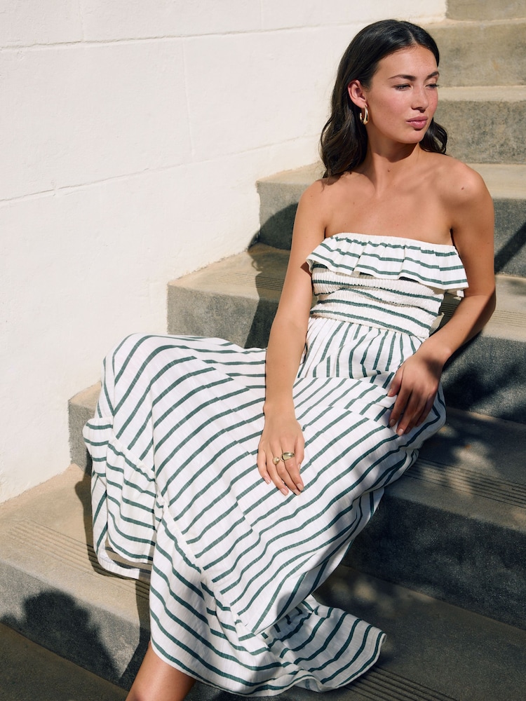 Green/Ecru Print Bandeau Frill Summer Midi Dress - Image 2 of 8
