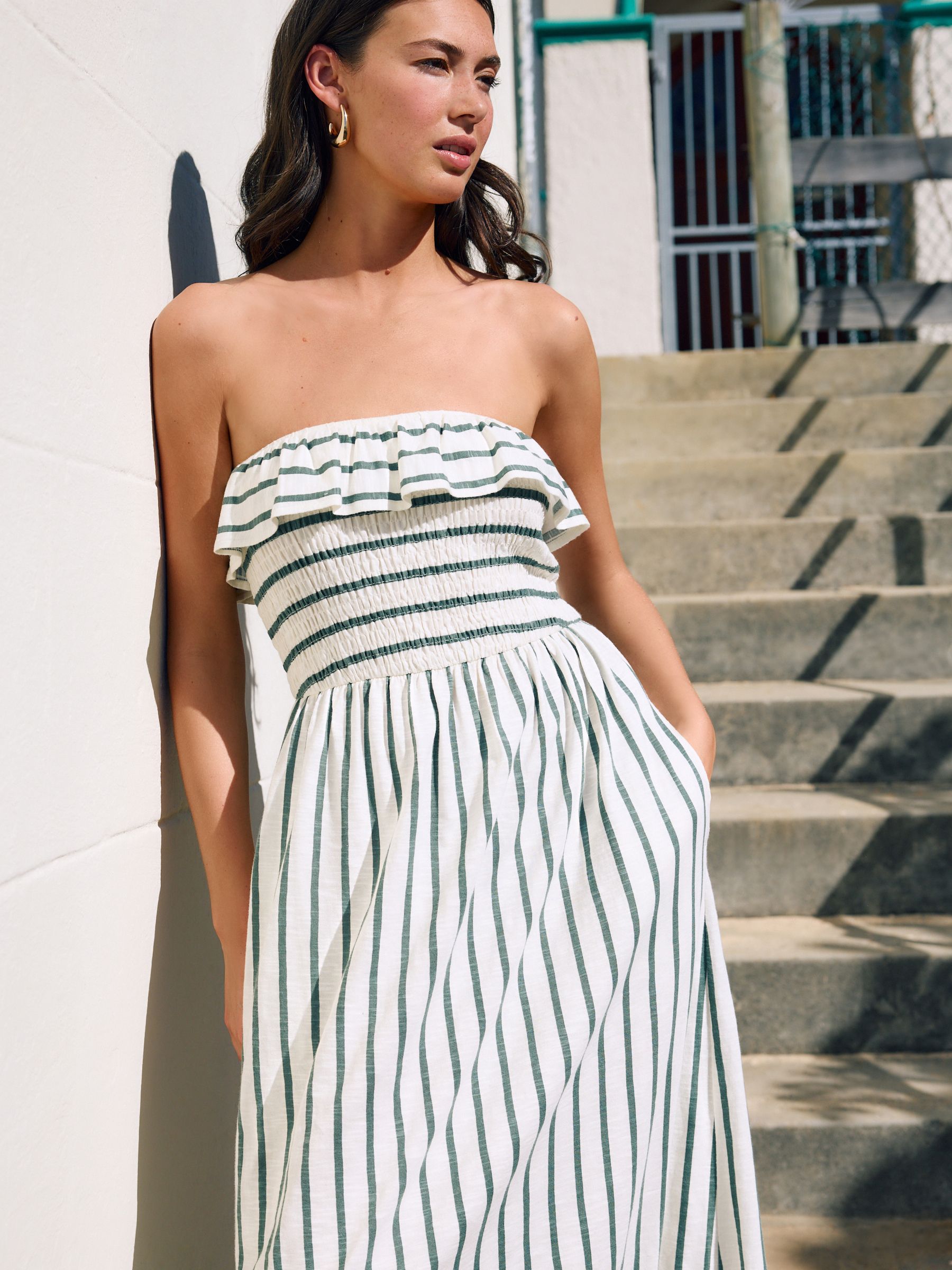 Buy Green/Ecru Print Bandeau Frill Summer Midi Dress from the Next