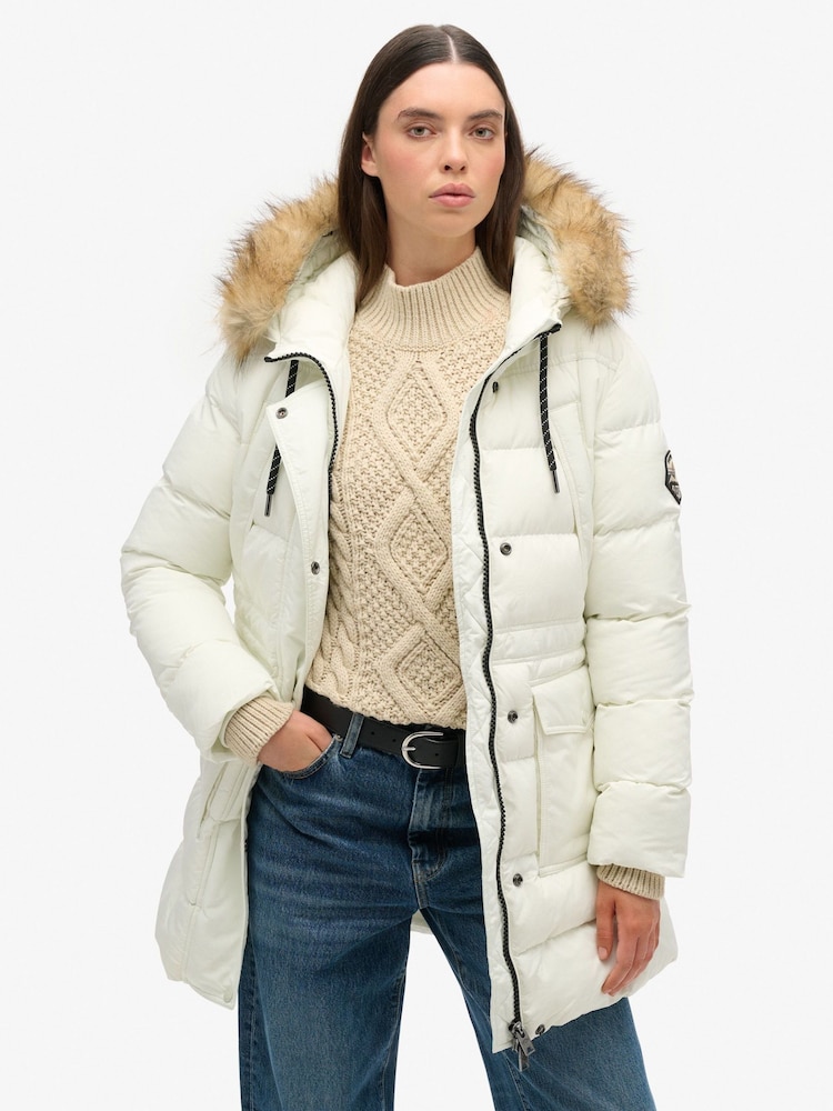 Superdry White Everest Mid Faux Fur Puffer Jacket - Image 1 of 3