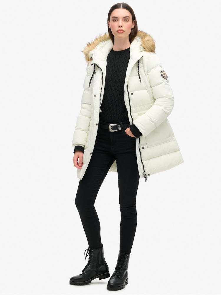 Superdry White Everest Mid Faux Fur Puffer Jacket - Image 2 of 3