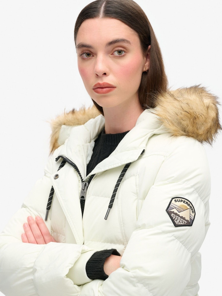 Superdry White Everest Mid Faux Fur Puffer Jacket - Image 3 of 3