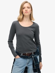 Superdry Black Fine Rib Scoop Neck Long Sleeve 100% Cotton Top - Image 1 of 3
