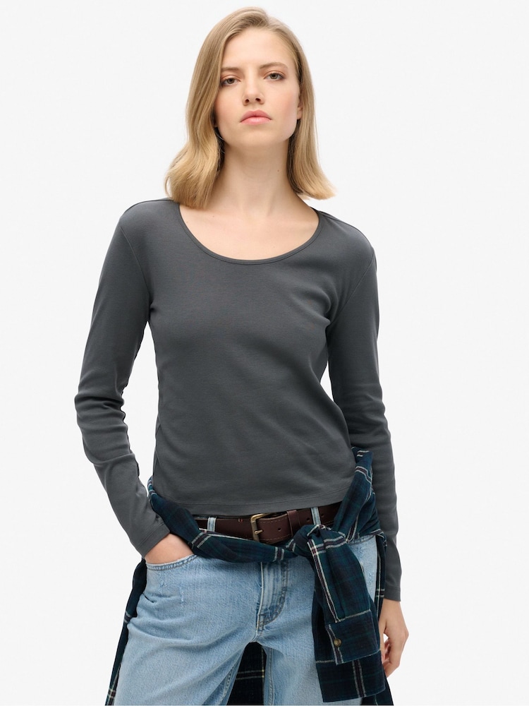 Superdry Black Fine Rib Scoop Neck Long Sleeve 100% Cotton Top - Image 1 of 3