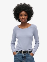 Superdry Blue Fine Rib Scoop Neck Long Sleeves 100% Cotton Top - Image 1 of 3