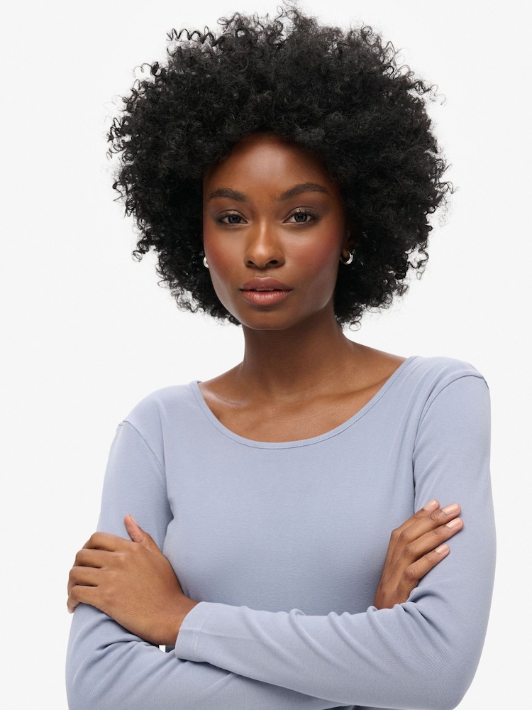 Superdry Blue Fine Rib Scoop Neck Long Sleeves 100% Cotton Top - Image 3 of 3 Superdry Blue Fine Rib Scoop Neck Long Sleeves 100% Cotton Top - Image 3 of 3