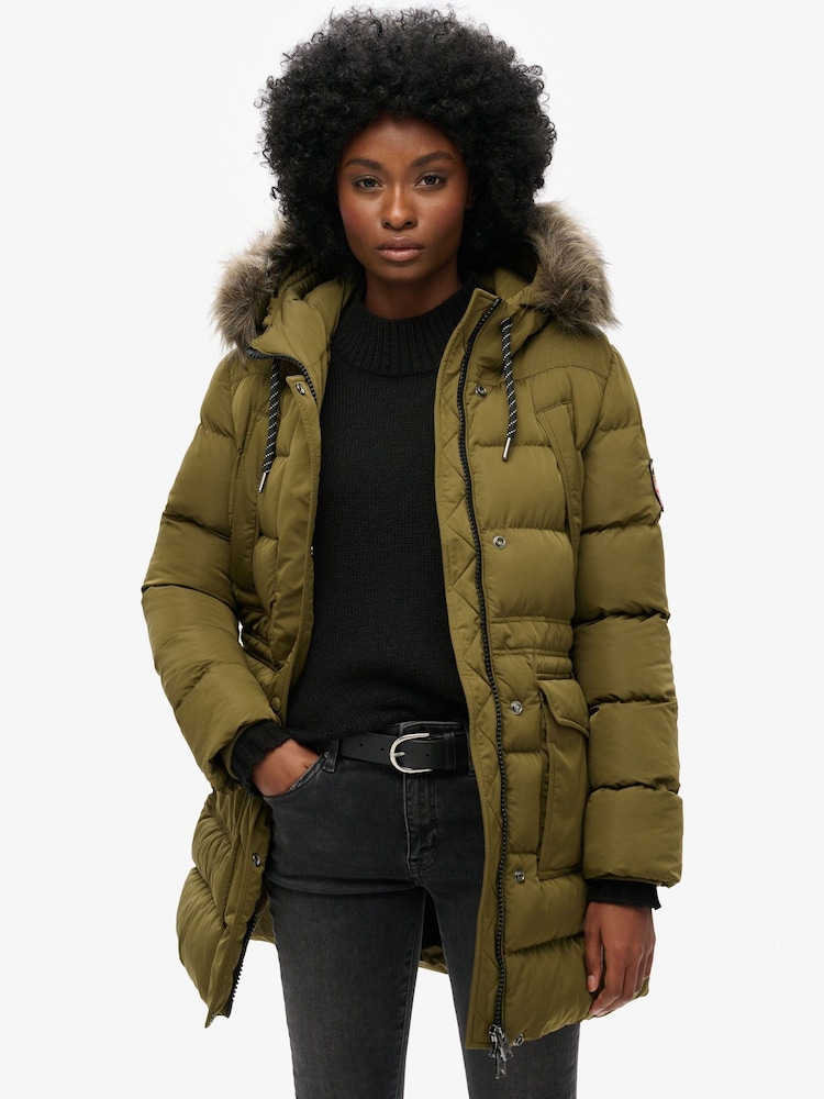 Superdry Green Everest Mid Faux Fur Puffer Jacket - Image 1 of 3