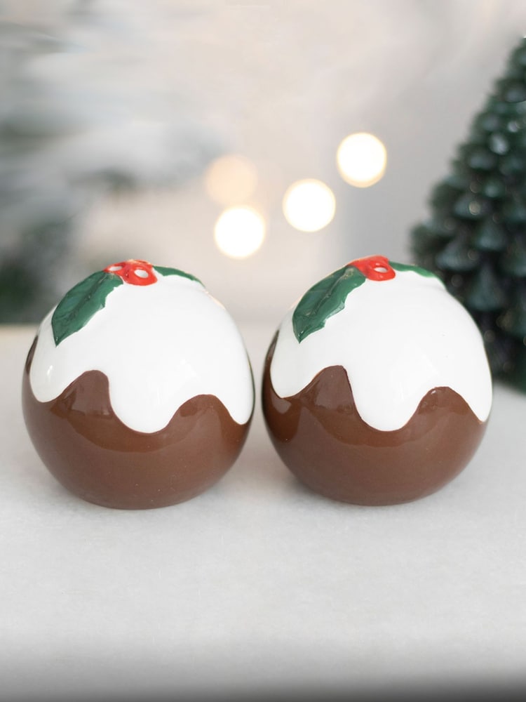 Something Different Brown/White Christmas Pudding Salt and Pepper Shakers Set - Image 1 of 4
