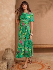 Love & Roses Green Tropical Tie Side Jersey Midi Dress - Image 1 of 5