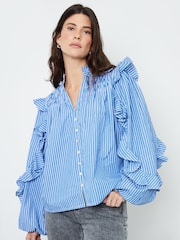 Another Sunday Blue Stripe Ruffle Button Down 100% Cotton Shirt - Image 1 of 3