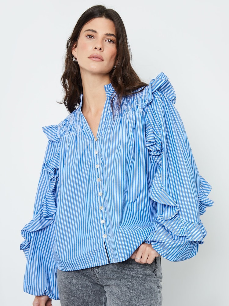 Another Sunday Blue Stripe Ruffle Button Down 100% Cotton Shirt - Image 1 of 3
