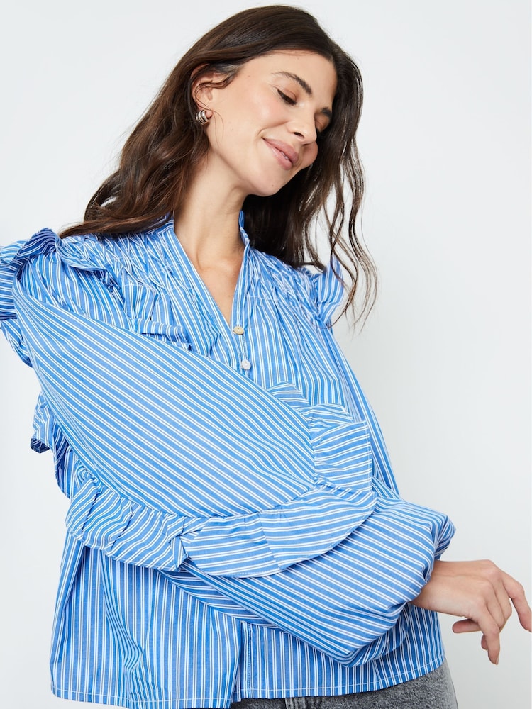 Another Sunday Blue Stripe Ruffle Button Down 100% Cotton Shirt - Image 2 of 3