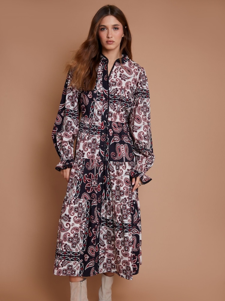 Another Sunday Black Paisley Print Lace Trim Button Through Ruffle Collar Tiered 100% Cotton Midi Dress - Image 1 of 3