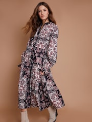 Another Sunday Black Paisley Print Lace Trim Button Through Ruffle Collar Tiered 100% Cotton Midi Dress - Image 2 of 3