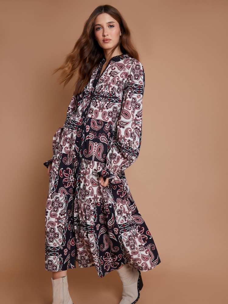 Another Sunday Black Paisley Print Lace Trim Button Through Ruffle Collar Tiered 100% Cotton Midi Dress - Image 2 of 3
