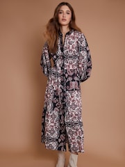 Another Sunday Black Paisley Print Lace Trim Button Through Ruffle Collar Tiered 100% Cotton Midi Dress - Image 3 of 3