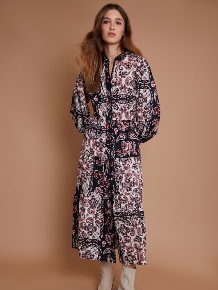 Another Sunday Black Paisley Print Lace Trim Button Through Ruffle Collar Tiered 100% Cotton Midi Dress - Image 3 of 3
