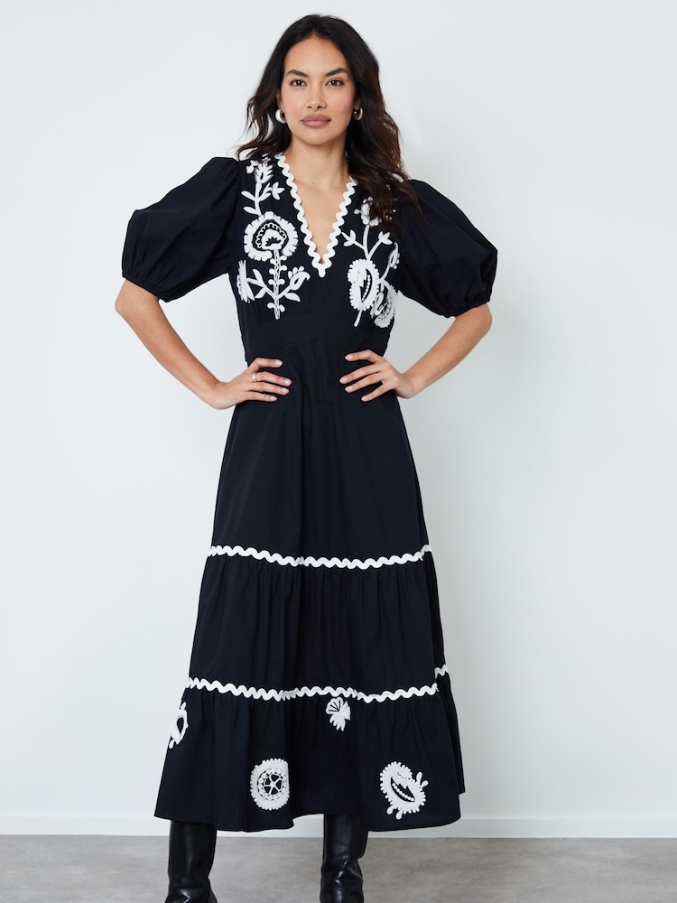 Another Sunday Black Puff Sleeve 100% Cotton Embroidered Tiered Midi Dress - Image 1 of 4