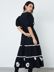 Another Sunday Black Puff Sleeve 100% Cotton Embroidered Tiered Midi Dress - Image 2 of 4