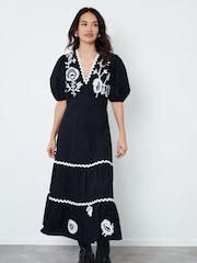 Another Sunday Black Puff Sleeve 100% Cotton Embroidered Tiered Midi Dress - Image 4 of 4