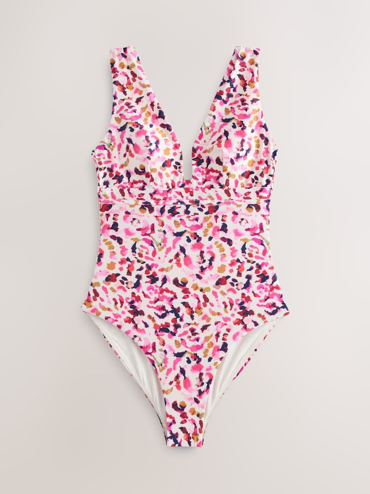 White/Burgundy Amimal Plunge Shaping Tummy Control Swimsuit - Image 1 of 4
