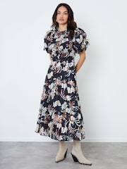 Another Sunday Black Metallic Thread Floral Ruched Front Print Puff Sleeve Midi Dress - Image 1 of 5