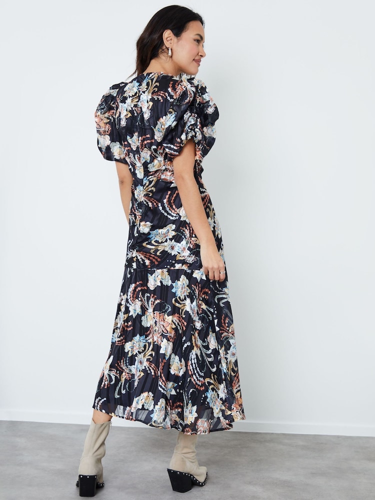 Another Sunday Black Metallic Thread Floral Ruched Front Print Puff Sleeve Midi Dress - Image 2 of 5