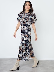 Another Sunday Black Metallic Thread Floral Ruched Front Print Puff Sleeve Midi Dress - Image 3 of 5