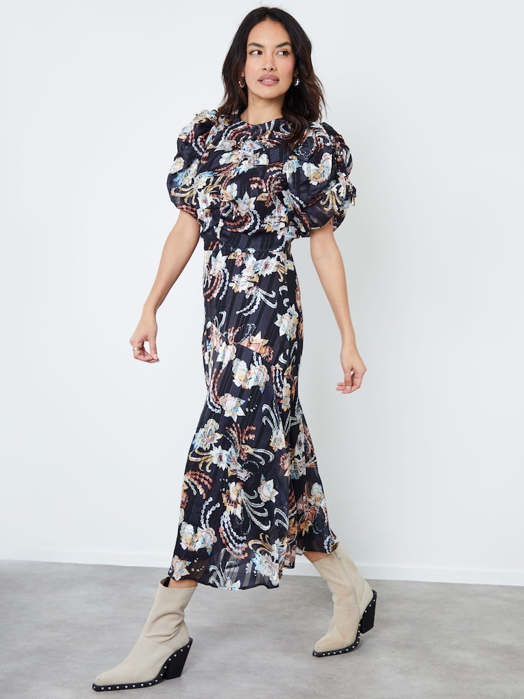 Another Sunday Black Metallic Thread Floral Ruched Front Print Puff Sleeve Midi Dress - Image 3 of 5