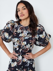 Another Sunday Black Metallic Thread Floral Ruched Front Print Puff Sleeve Midi Dress - Image 4 of 5