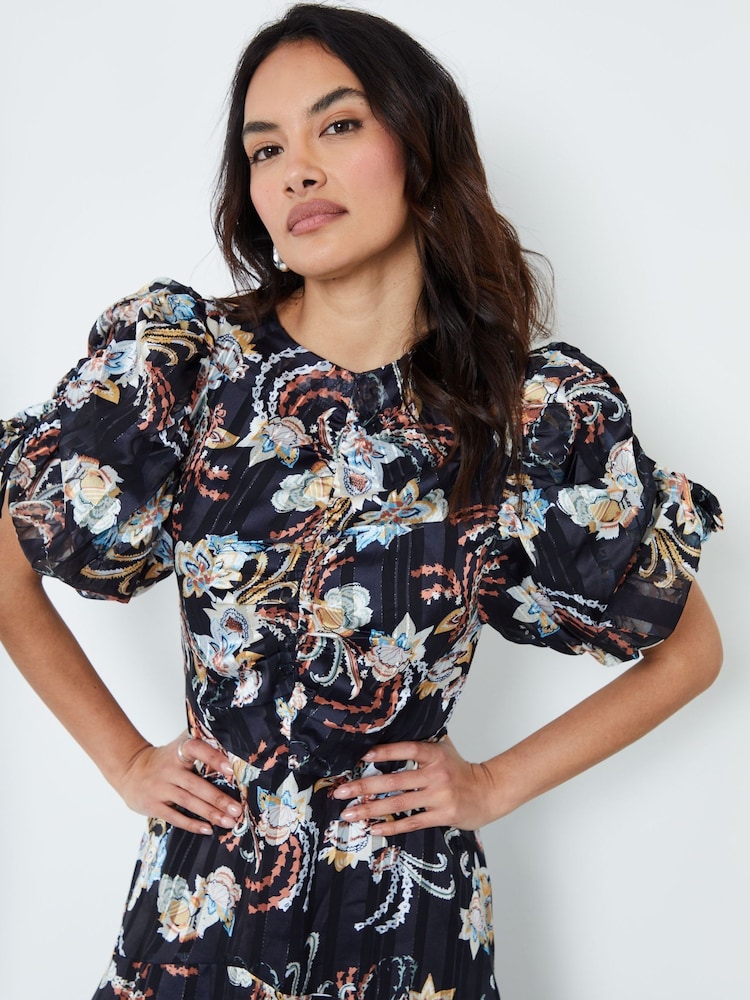 Another Sunday Black Metallic Thread Floral Ruched Front Print Puff Sleeve Midi Dress - Image 4 of 5