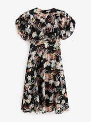 Another Sunday Black Metallic Thread Floral Ruched Front Print Puff Sleeve Midi Dress - Image 5 of 5
