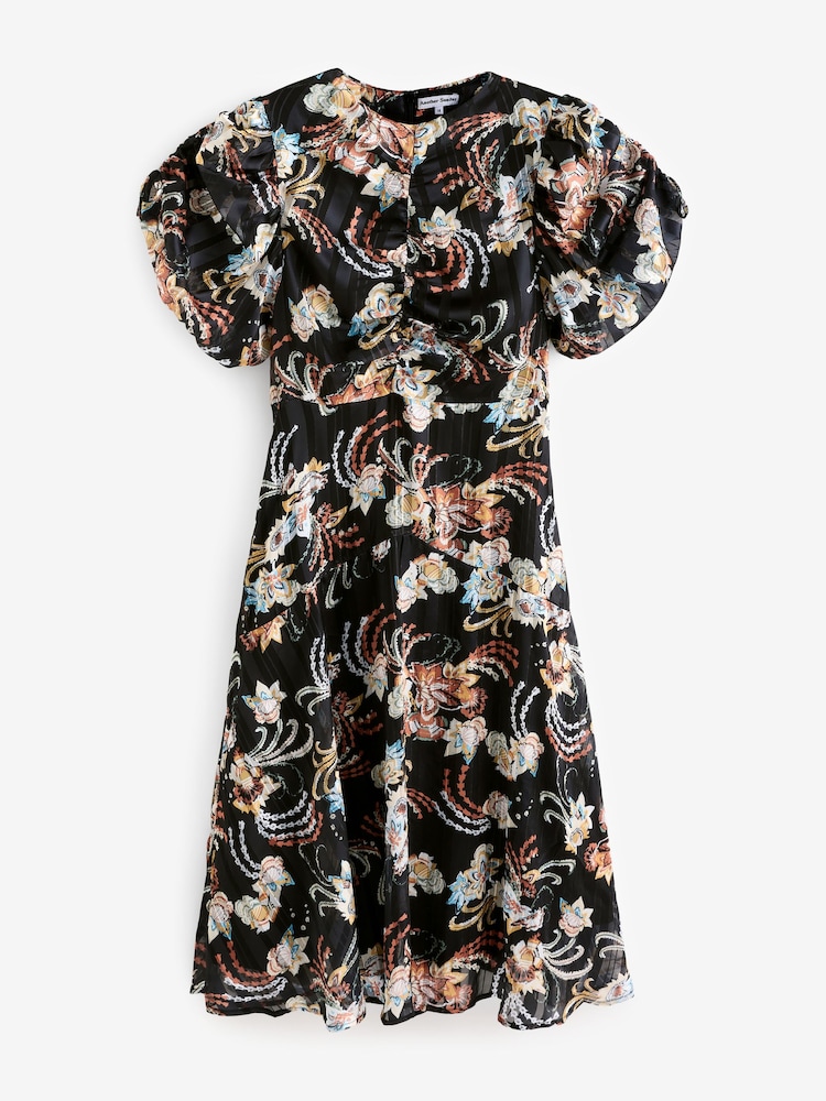 Another Sunday Black Metallic Thread Floral Ruched Front Print Puff Sleeve Midi Dress - Image 5 of 5